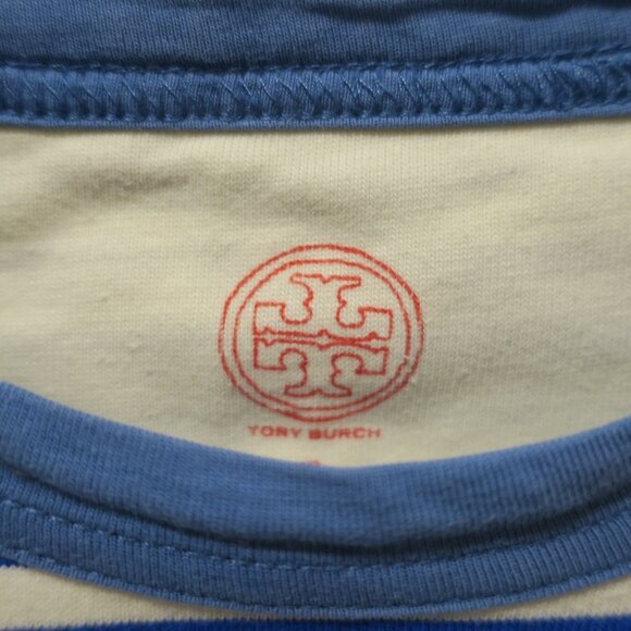 TORY BURCH FLORAL Tee Shirt top 100% cotton striped blue white short sleeves Sml - Picture 6 of 9